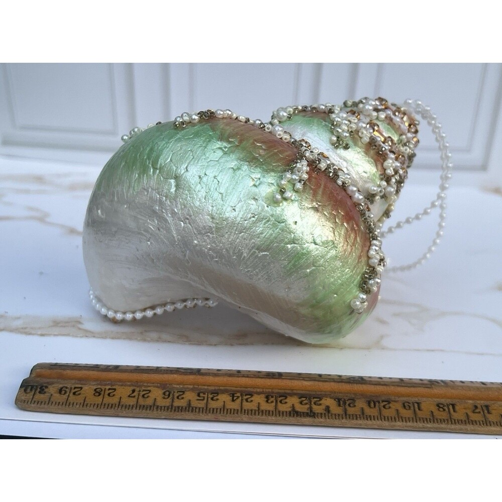 Large Jeweled Seashell Christmas Ornaments Pearl Beaded Rhinestone Coastal Pair - Picture 5 of 16